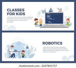 Clases de robótica para niños, conjunto de banners web publicitarios, ilustración vectorial plana. Niños estudiando cómo ensamblar y programar robots inteligentes.