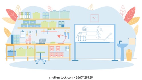 Aula Robótica de Interior de la Universidad. Basura, Sink, Junta con Esquema de Robot, Carpeta de documento, Saw, Martillo y Herramienta encima de Escritorio. Aprendizaje de la tecnología electrónica y mecánica