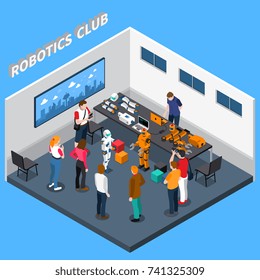 Robotics club isometric composition including machines with artificial intelligence, computer equipment, visitors on blue background vector illustration   