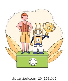 Concepto de competiciones de robótica. El chico, junto con su droid, se para en un pedestal ganador. El hombre ha creado inteligencia artificial. Ilustración vectorial plana moderna de dibujos animados aislada sobre fondo blanco