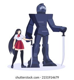 Robotics concept. Mecha anime style. Artificial intelligence and human synergy. Beautiful girl with giant armored robot. Characters fighting with evil. Flat vector illustration