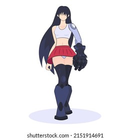Robotics concept. Mecha anime style. Artificial intelligence and human synergy. Beautiful girl with mechanical arm and legs. Character fighting with evil. Flat vector illustration