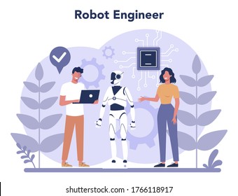 Robotics concept. Robot engineering and programming. Idea of artificial intelligence and futuristic technology. Machine automation. Isolated vector illustration in cartoon style