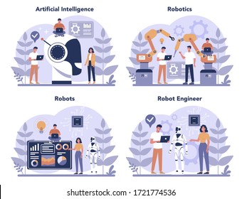 Robotics concept set. Robot engineering and programming. Idea of artificial intelligence and futuristic technology. Machine automation. Isolated vector illustration in cartoon style