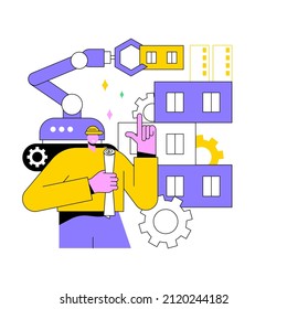 Robotics Construction Abstract Concept Vector Illustration. Robotics Manufacturing, AI In Construction Industry, Factory Automation, Building Robot, Automotive Machine Work Abstract Metaphor.