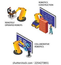 Construcción de robótica, robótica colaborativa, robots operados a distancia 3d concepto de ilustración vectorial isométrica para banner, sitio web, página de inicio, anuncios, plantilla de volante