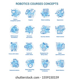 Robotics courses blue concept icons set. Creating robots idea thin line illustrations. Making electronics, devices. Lessons of robot modelling. Vector isolated outline drawings. Editable stroke