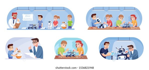 Robotics courses flat vector illustrations set. Creation of electronic mechanisms. Designing and programming practice. Young students creating, repairing robots cartoon characters