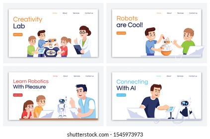 Robotics courses landing pages vector template set. Cybernetics studying website interface idea with flat illustrations. Engineering club homepage layout. Web banner, webpage cartoon concept