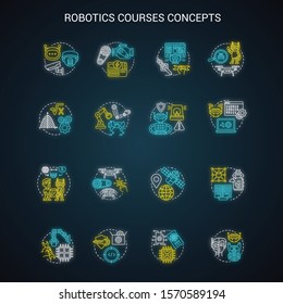 Robotics courses neon light concept icons set. Creating robots idea. Making electronics, devices. Lessons of robot modelling, developing, programming. Glowing vector isolated illustration