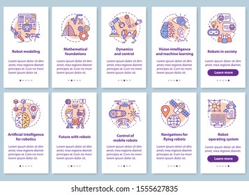 Robotics courses onboarding mobile app page screen with linear concepts set. Modeling and development of robots walkthrough steps graphic instructions. UX, UI, GUI vector template with illustrations