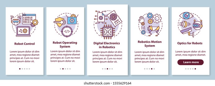Robotics courses onboarding mobile app page screen with linear concepts. Robots learning and development walkthrough steps graphic instructions. UX, UI, GUI vector template with illustrations