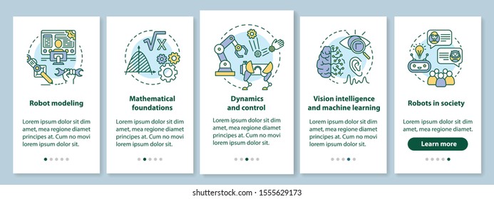Robotics courses onboarding mobile app page screen with linear concepts. Study robot engineering walkthrough steps graphic instructions. UX, UI, GUI vector template with illustrations