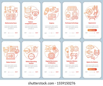 Robotics courses onboarding mobile app page screen with linear concepts set. Robots engineering sections walkthrough steps graphic instructions. UX, UI, GUI vector template with illustrations