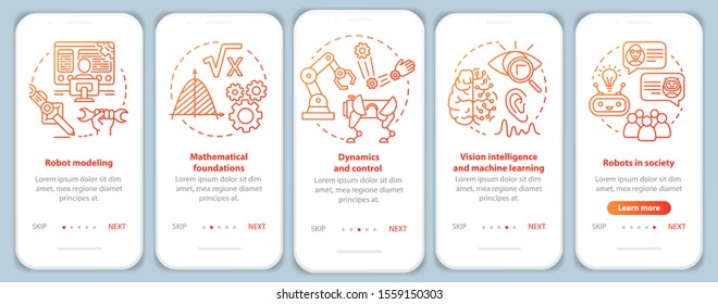 Robotics courses onboarding mobile app page screen vector template. Study robot engineering. Walkthrough website steps with linear illustrations. UX, UI, GUI smartphone interface concept