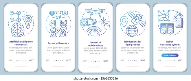 Robotics courses onboarding mobile app page screen vector template. Learning robot control. Walkthrough website steps with linear illustrations. UX, UI, GUI smartphone interface concept
