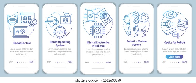 Robotics courses onboarding mobile app page screen vector template. Robots learning and development. Walkthrough website steps with linear illustrations. UX, UI, GUI smartphone interface concept