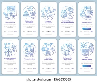 Robotics courses onboarding mobile app page screen vector template set. Modeling, development of robots. Walkthrough website steps with linear illustrations. UX, UI, GUI smartphone interface concept