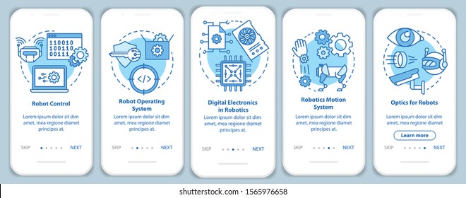 Robotics courses onboarding mobile app page screen vector template. Robots learning and development. Walkthrough website steps with linear illustrations. UX, UI, GUI smartphone interface concept
