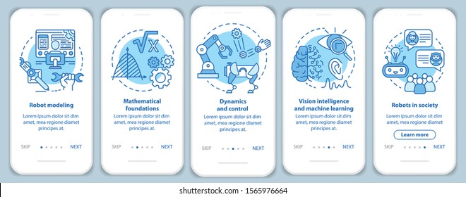 Robotics courses onboarding mobile app page screen vector template. Study robot engineering. Walkthrough website steps with linear illustrations. UX, UI, GUI smartphone interface concept