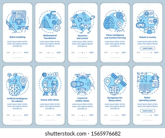 Robotics courses onboarding mobile app page screen vector template set. Modeling, development of robots. Walkthrough website steps with linear illustrations. UX, UI, GUI smartphone interface concept