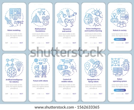 Robotics courses onboarding mobile app page screen vector template set. Modeling, development of robots. Walkthrough website steps with linear illustrations. UX, UI, GUI smartphone interface concept
