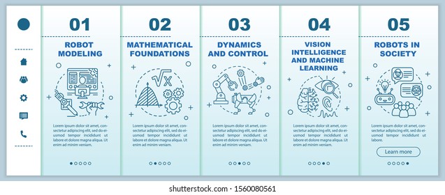 Robotics courses onboarding mobile web pages vector template. Cybernetics. Responsive smartphone website interface idea with linear illustrations. Webpage walkthrough step screens. Color concept