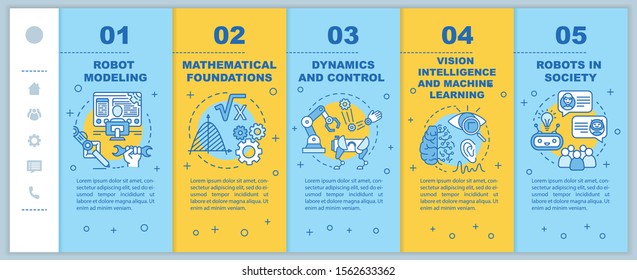 Robotics courses onboarding mobile web pages vector template. Cybernetics. Responsive smartphone website interface idea with linear illustrations. Webpage walkthrough step screens. Color concept