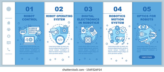 Robotics courses onboarding mobile web pages vector template. Automation. Responsive smartphone website interface idea with linear illustrations. Webpage walkthrough step screens. Color concept