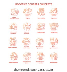 Robotics courses red concept icons set. Creating robots idea thin line illustrations. Making electronics, devices. Lessons of robot modelling. Vector isolated outline drawings. Editable stroke