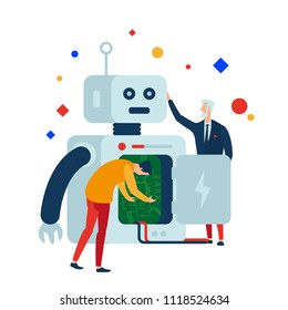 Robotics create, program and repair robots. Vector illustration. Separate objects. Isolate.