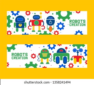 Robotics creation icons set of banners vector illustration. Celebration. Futuristic artificial intelligence technology. Gear, screw. Button off, on. Robot on wheel with arms.