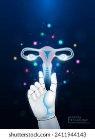 Robotics cybernetic assist health care. Innovative technology science medical futuristic. Robot or cyborg doctor holding uterus human organ virtual interface. Medical icon floating around. 3D Vector.