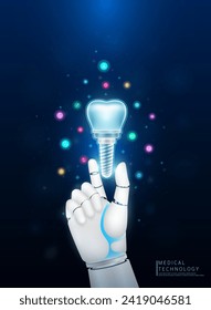 Robotics cybernetic assist health care. Innovative technology science medical futuristic. Robot or cyborg doctor holding dental implant virtual interface. Medical icon floating around. 3D Vector.