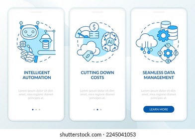 Robotics in data computing benefits blue onboarding mobile app screen. Walkthrough 3 steps editable graphic instructions with linear concepts. UI, UX, GUI template. Myriad Pro-Bold, Regular fonts used