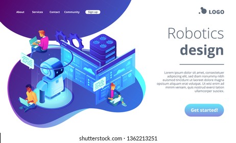 Robotics developers team with laptops work on robot automation process. Robotics design and programming, robotics algorithm and software concept. Isometric 3D website app landing web page template