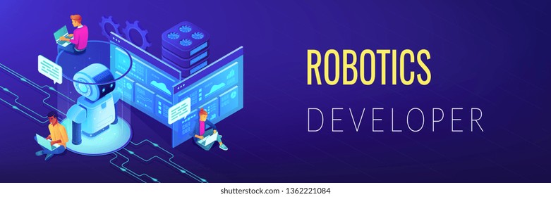 Robotics developers team with laptops work on robot automation process. Robotics design and programming, robotics algorithm and software concept. Isometric 3D banner header template copy space.