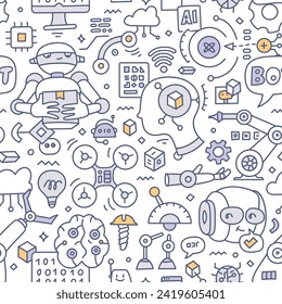 Robotics. Doodle seamless pattern with various elements related to robots and artificial intelligence