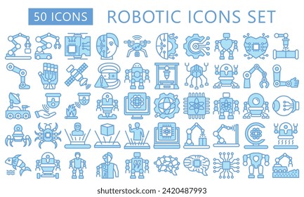 Robotics conjunto de iconos de color azul de doble tono. contienen robots, robots, inteligencia artificial, industria, ciencia y más. lo mejor para UI o UX, desarrollo web y aplicación. vector EPS 10.