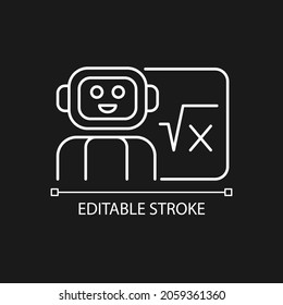 Robotics in education white linear icon for dark theme. Robot teacher. AI in classroom. Thin line customizable illustration. Isolated vector contour symbol for night mode. Editable stroke