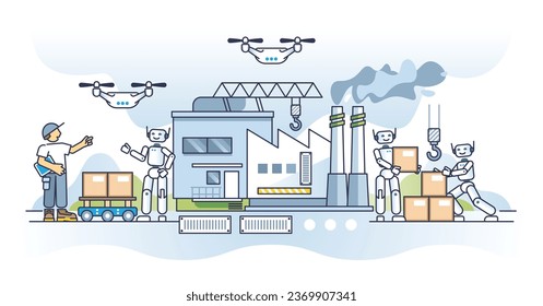 Robotics and effective technological manufacturing automation outline concept. RPA process as electronic robot support, help and assistance for work vector illustration. Futuristic AI bot progress.