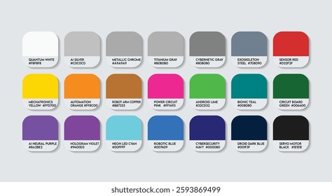 Robotics Engineer Color Guide Palette with Color Names. Catalog Sample Robotics Engineers with RGB HEX codes and Names. Robotics Engineer Color Palette, plastic, metal, electronic Color Palette vibe