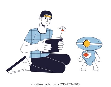 Robotics engineer flat line concept vector spot illustration. Man with wireless console testing robot 2D cartoon outline character on white for web UI design. Editable isolated color hero image