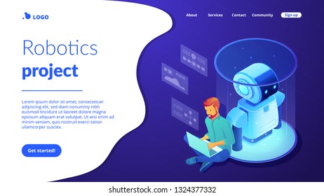 Robotics engineer working with laptop on robot software. Robotics project and system, sensor guided robotics and artificial intelligence concept. Isometric 3D website app landing web page template