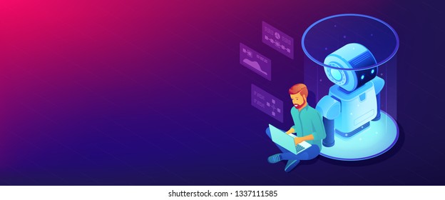 Robotics engineer working with laptop on robot software. Robotics project and system, sensor guided robotics and artificial intelligence concept. Isometric 3D banner header template copy space.