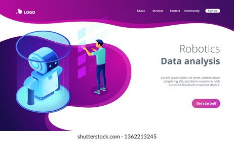 Robotics engineer working with robot data on virtual interface. Robotics data analysis, machine learning, self learning robot and ai concept. Isometric 3D website app landing web page template