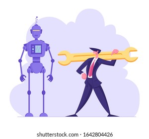 Robotics Engineering, Chatbot and Automatization in Business Concept. Businessman Holding Huge Wrench Stand near Cyborg. Robots in Human Life, Artificial Intelligence. Cartoon Flat Vector Illustration
