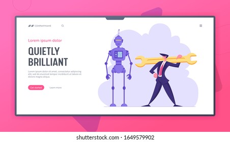 Robotics Engineering, Chatbot and Automatization in Business Website Landing Page. Businessman with Huge Wrench Stand near Cyborg. Robot in Human Life Web Page Banner. Cartoon Flat Vector Illustration