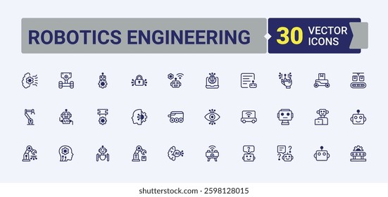 Robotics Engineering minimal icon set. Included technology, ai, robot, machine, intelligence, artificial, bot, tech and more. Robotics icon set. Modern line and solid vector UI icons.