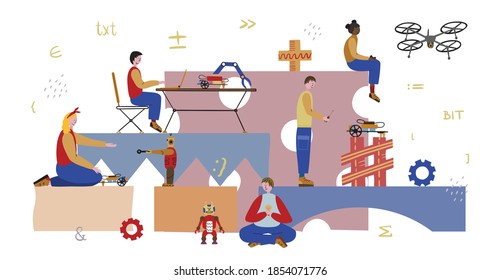 Robotics engineering vector banner template. Children Education in the robotics school, rest in the camp, have fun, coding, program. Class for study with innovation technology